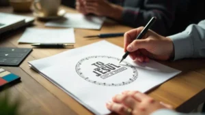 Diseñador creando un logo personalizado en papel durante el proceso creativo de identidad visual de marca.