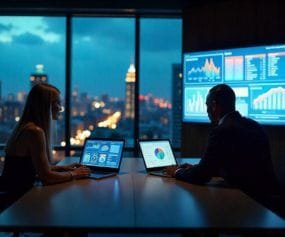 Profesionales analizando datos en laptops en una oficina moderna con pantallas digitales al fondo y vista nocturna de la ciudad.