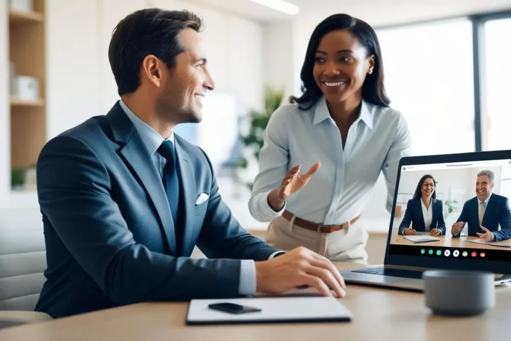 Reunión de negocios híbrida con videollamada, colaboración entre profesionales en oficina moderna.