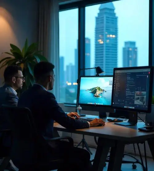 Empresarios trabajando en diseño de páginas web en oficina moderna con vista a rascacielos, representando servicios profesionales de diseño web en Miami para negocios en crecimiento.