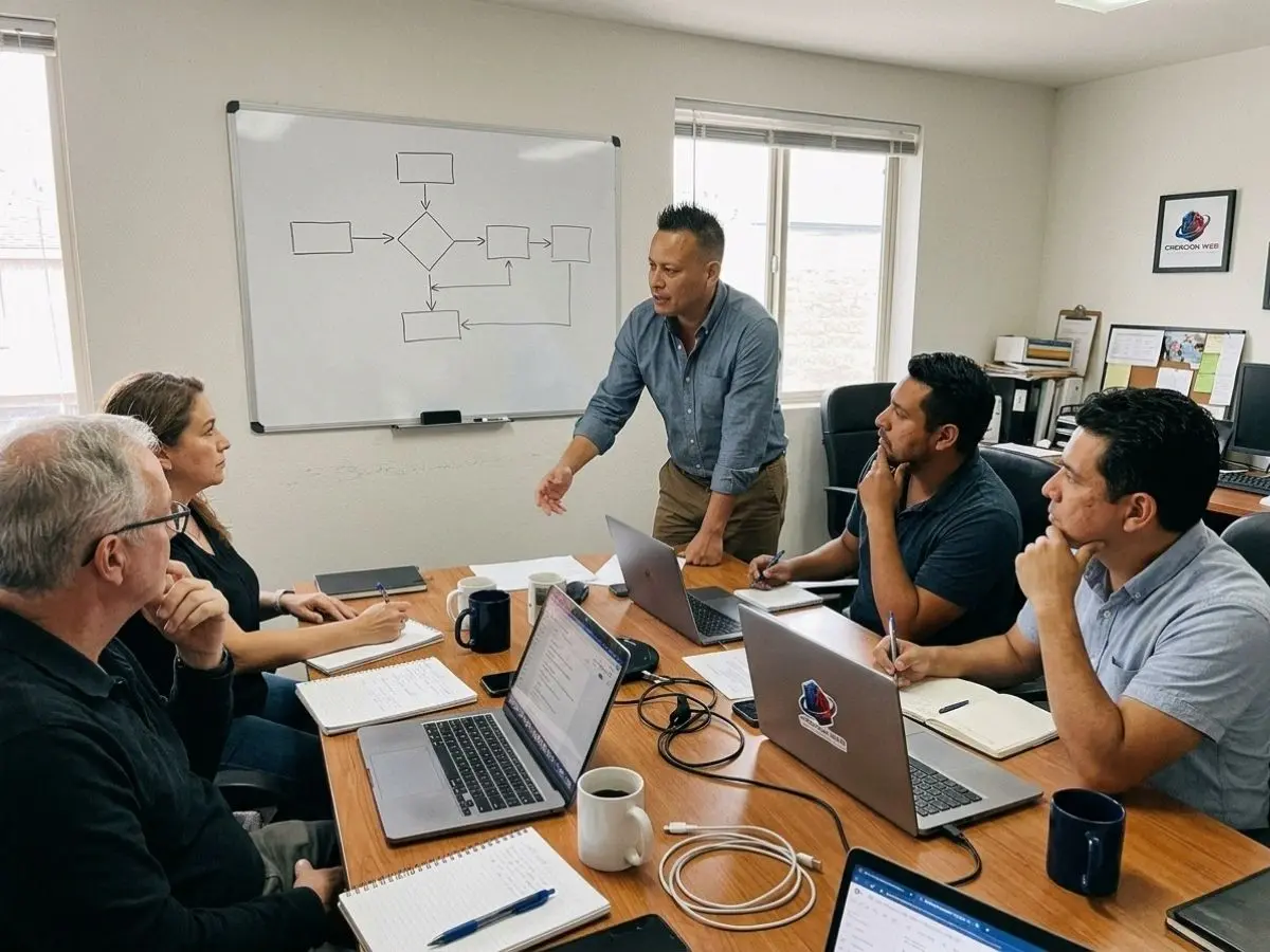Agencia de agentes de IA para empresas — JCP Creación Web Equipo de JCP Creación Web en reunión analizando el flujo de un proceso empresarial antes de implementar un agente de IA