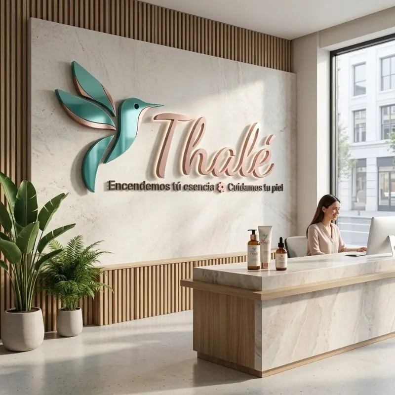 Diseño de logo Thalé para empresa de velas personalizadas aplicado en oficina